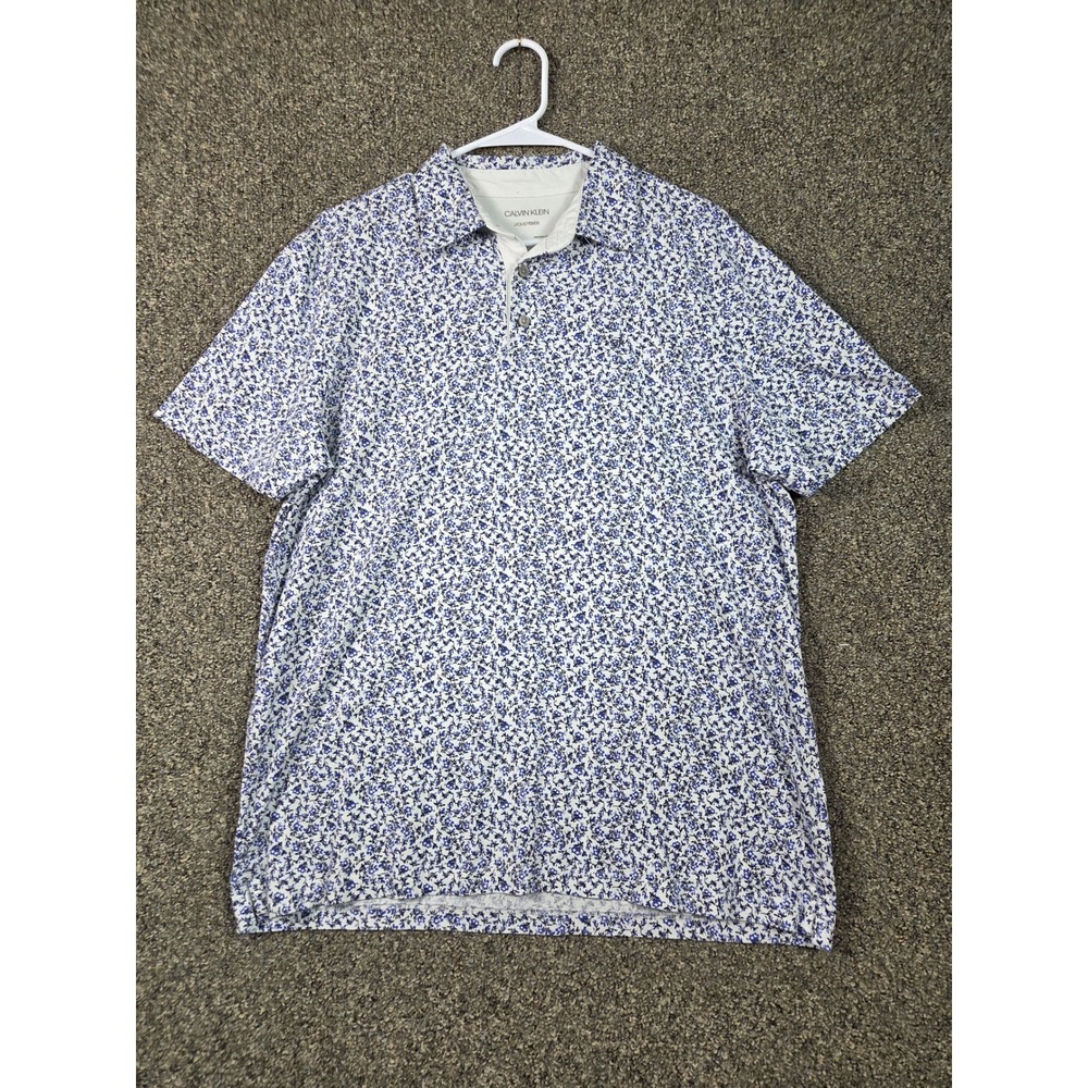 Calvin Klein Polo Shirt Mens Large Blue Floral Liquid Touch Short Sleeve Cotton